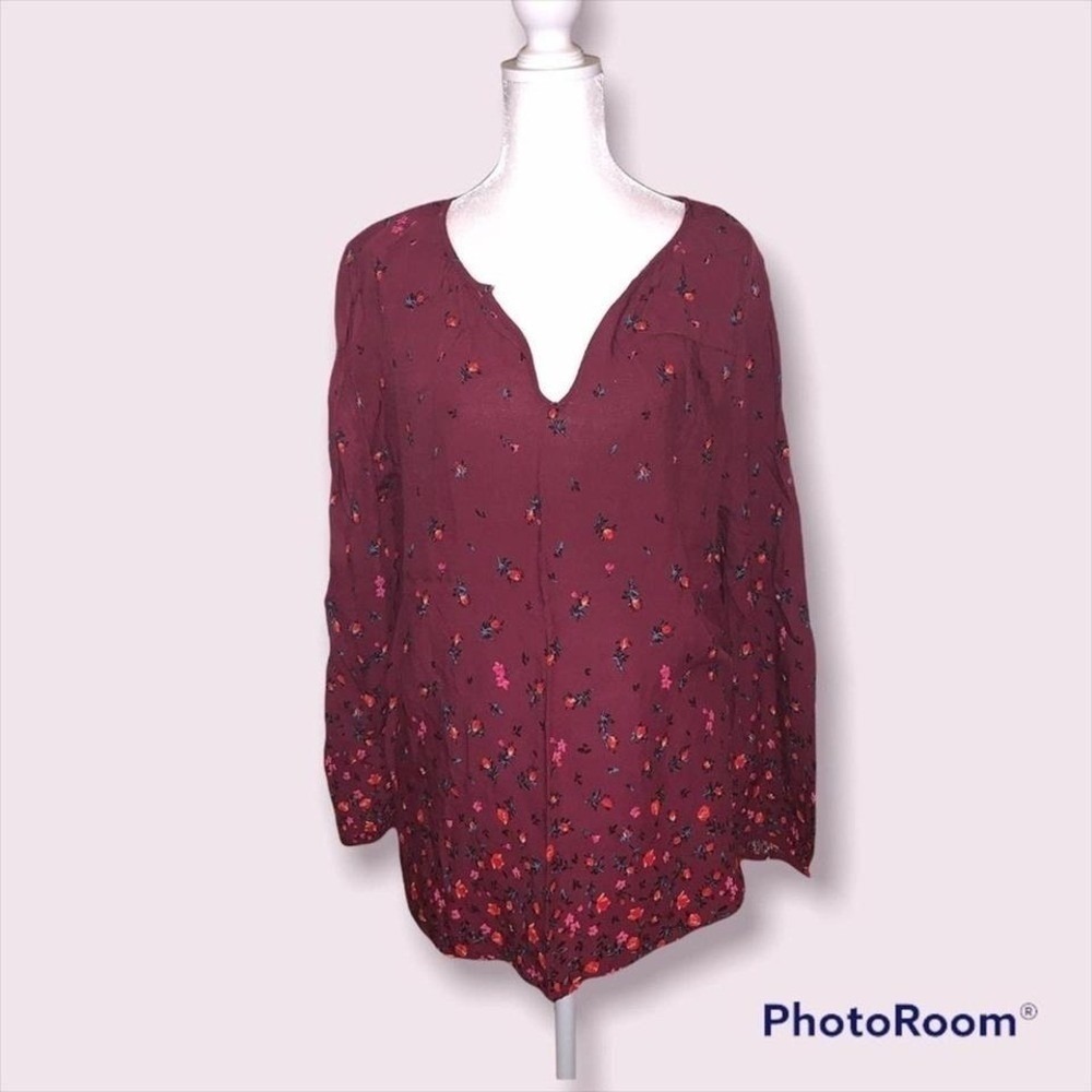 Final Sale Old Navy Womens Burgundy Ditsy Floral Split Neck Blouseβ Size M
